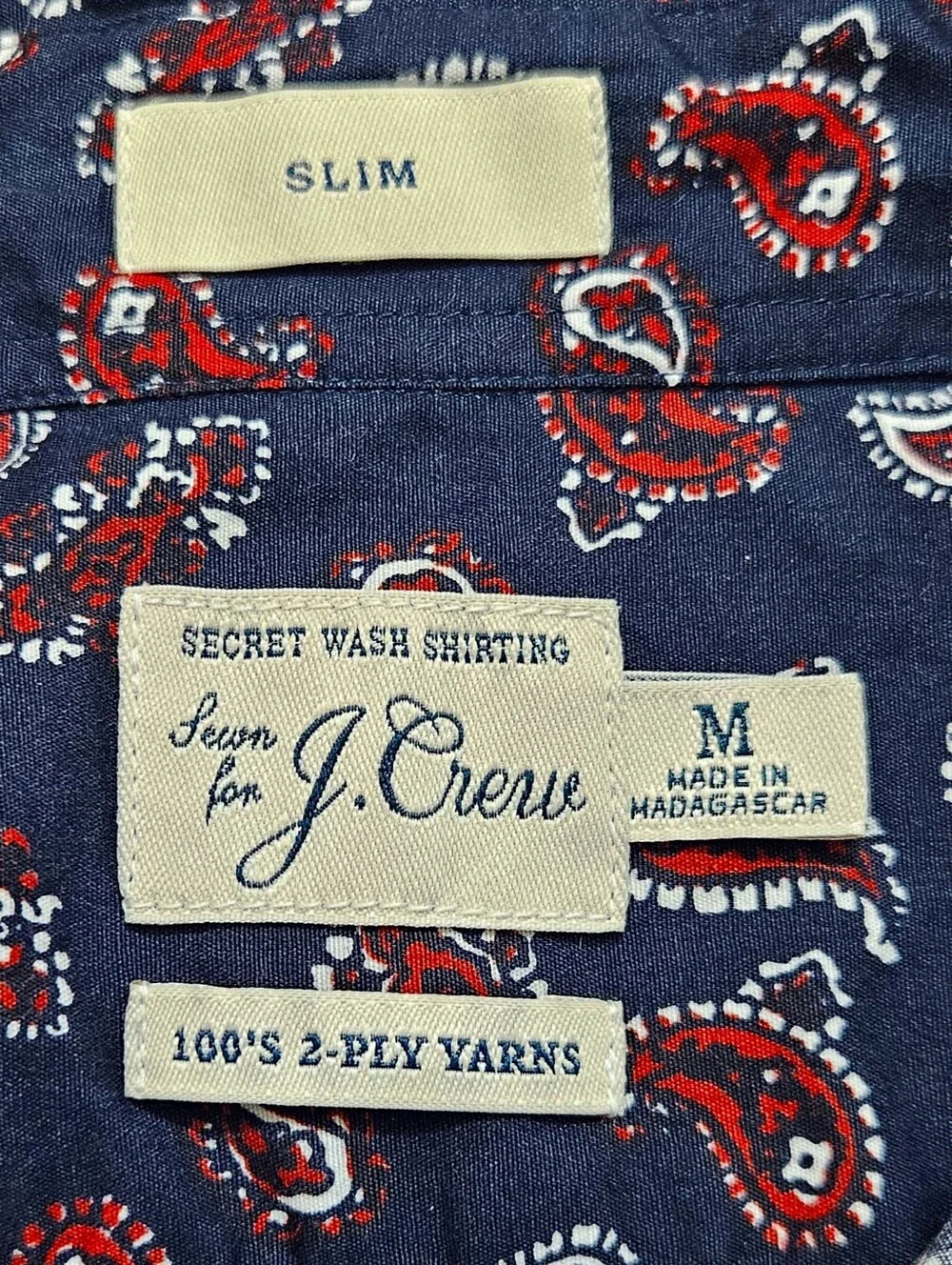 J. Crew Slim Secret Wash Cotton Poplin Button Down Shirt Navy Red Paisley Medium